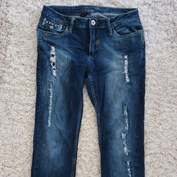 Blue Crush Skinny Blue Women's Jeans Sz 9 Embellished Pockets Boho Distressted - Picture 2 of 13